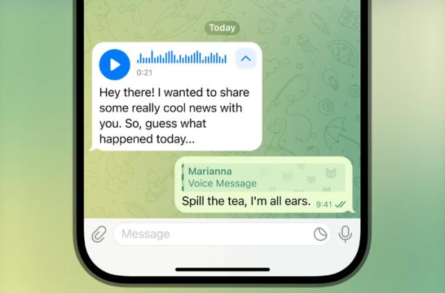 A screenshot of a private conversation on the Telegram app. On the left is a voice message which includes a transcription underneath.