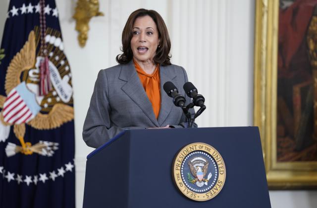 Vice President Kamala Harris speaks during an event on artificial intelligence systems in the East Room of the White House, Monday, Oct. 30, 2023, in Washington. (AP Photo/Evan Vucci)