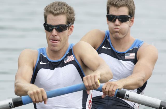 USA's Cameron Winklevoss, left, and twin brother Tyler take the start of their Men's pair repechage  at the Beijing 2008 Olympics in Beijing, Monday, Aug. 11, 2008.  (AP Photo/Gregory Bull)