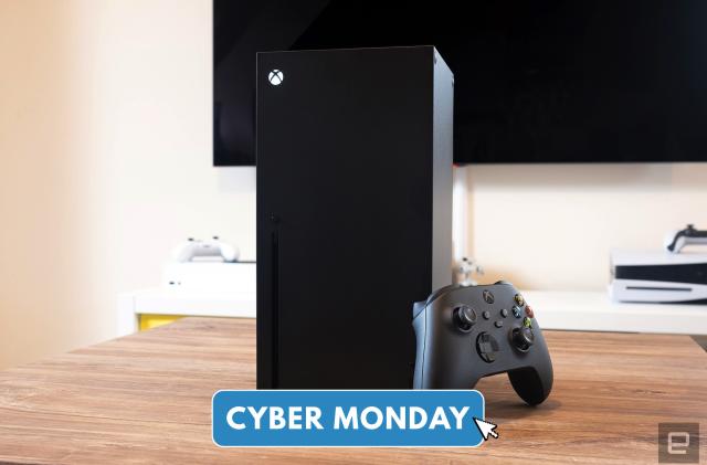 Xbox Series X and Xbox controller. A text overlay reads "Cyber Monday."