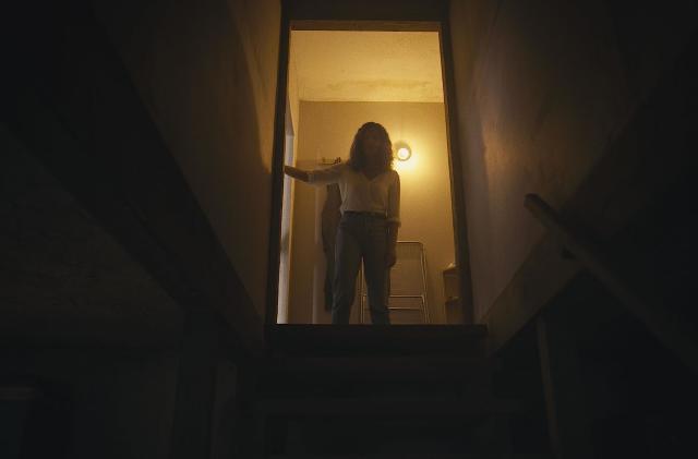 A woman stands at the top of the starts and looks down toward a dark basement.