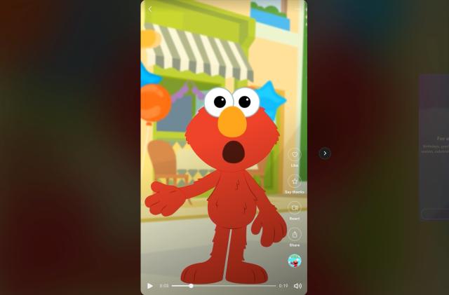 Screenshot of a Cameo sample video showing an AI-powered (animated) Elmo delivering a personalized message to a child.