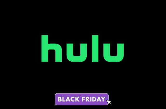 Green Hulu logo on a black background with a purple "Black Friday" tag superimposed at the bottom.
