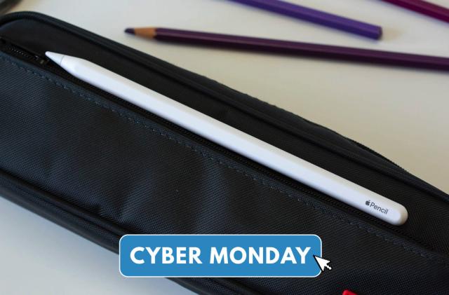 Apple Pencil pictured on a black pencil case with Cyber Monday written across the bottom of the image