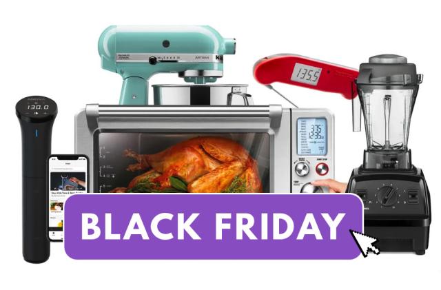 An array of kitchen gadgets sit behind a purple overlay that reads "Black Friday"