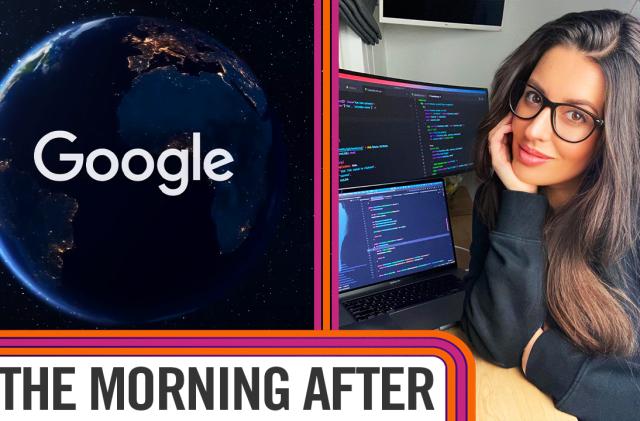 The Morning After video lead image showing an image of Earth with the Google logo over it, alongside a woman in front of a computer monitor, both overlaid with "The Morning After" logo.