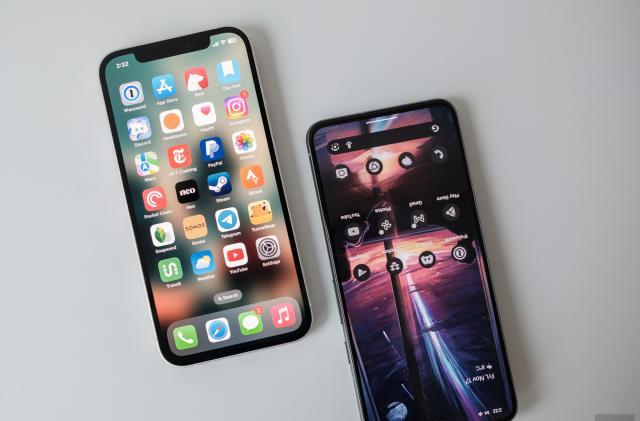 A photo of an iPhone 12 and Pixel 8 next to one another. 