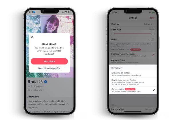 Screenshots of the Tinder app showing a feature that allows users to block another person and a way to activate an incognito mode.