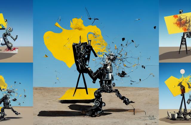 Image of a robot destroying a canvas, and itself. Samples generated by the Midjourney GAI.