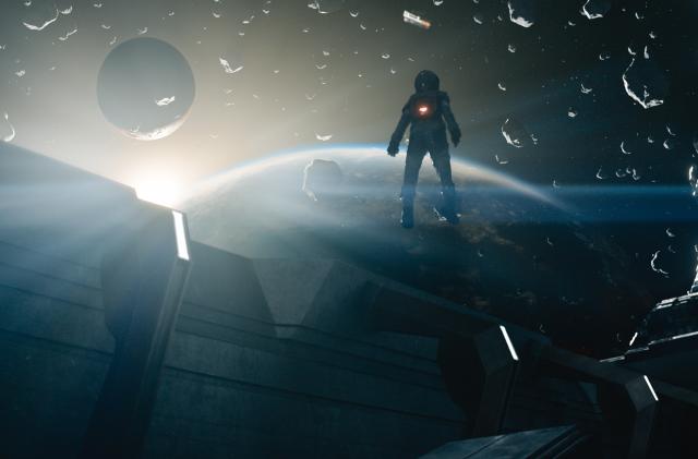 A figure wearing a spacesuit is positioned above a spaceship, looking out at a field of asteroids and a sun poking over the edge of a planet.
