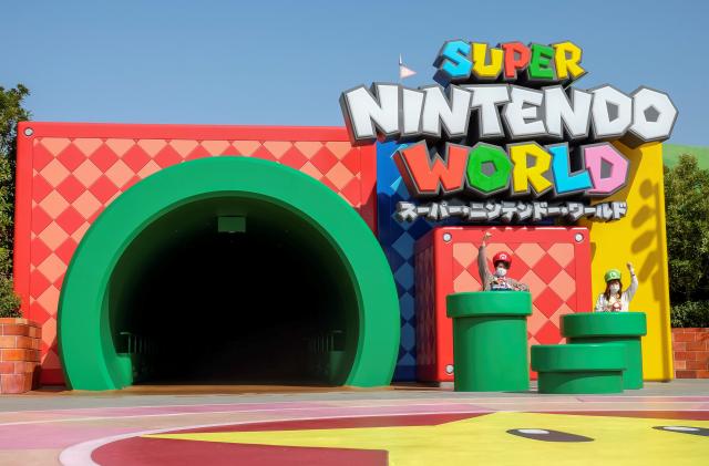 General view shows the entrance gate of Super Nintendo World, a new attraction area featuring the popular video game character Mario which is set to open to public on March 18, during a press preview at the Universal Studios Japan theme park in Osaka, western Japan, March 17, 2021. Picture taken March 17, 2021. REUTERS/Irene Wang