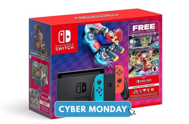 Nintendo Switch bundle packaging against a white background with a Cyber Monday badge. 