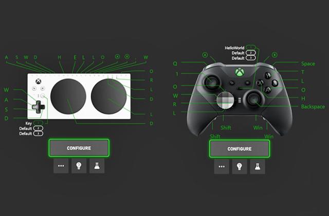 A diagram showing both the accessibility and Elite controllers with lines pointing to each of the mappable controls.