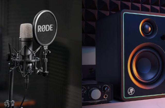 A Rode microphone and a Mackie speaker. 