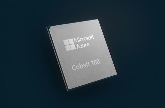 The new Microsoft Azure Cobalt 100 chip seen against a black background.