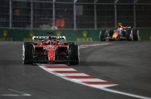 Ferrari driver Charles Leclerc, of Monaco, drives during the Formula One Las Vegas Grand Prix auto race, Saturday, Nov. 18, 2023, in Las Vegas. (AP Photo/John Locher)
