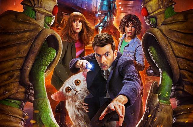 Promotional image of Doctor Who and the Star Beast, featuring David Tennant, Catherine Tate, Yarmin Finney and Beep The Meep. 