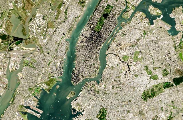NEW YORK - OCTOBER 2016: (SOUTH AFRICA OUT) Satellite view of New York City with Midtown and Lower Manhattan visible on 15 October 2016. Jersey City to the left and Brooklyn and Queens to the right. (Photo by USGS/NASA Landsat data/Orbital Horizon/Gallo Images/Getty Images)