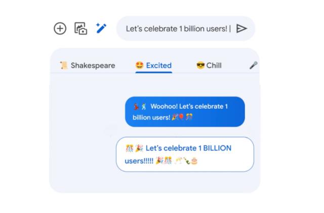 Google Messages screenshot reading "let's celebrate 1 billion users" with blue chat bubbles.