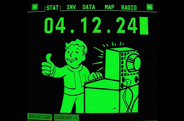 Teaser for the Amazon "Fallout" series, showing a Pip-Boy graphic. He gives a thumbs up with the text 04.12.24 above. Menu tabs including Stat, Inv, Data, Map and Radio reside at the top.