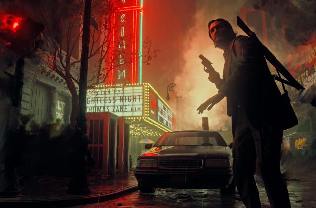 In this promo still for Alan Wake II, we see a character silhouetted in the foreground with a gun in his hand, a theater marquee and a rain-slicked street with smoke rising in the background.