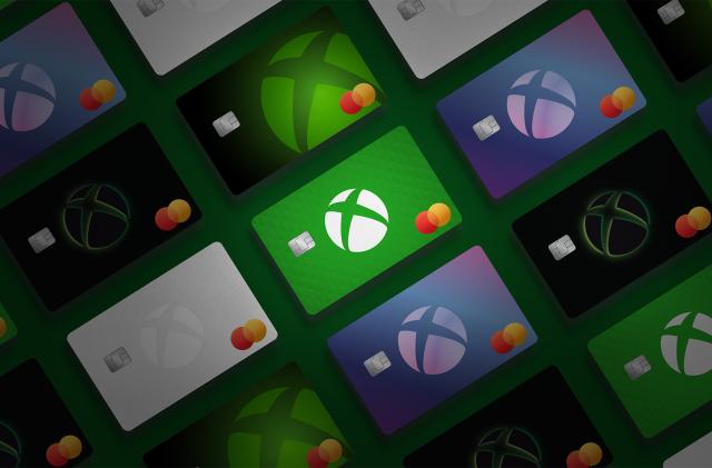 Marketing image for the new Xbox Mastercard. A grid of credit cards (all featuring the Xbox and Mastercard logos and a chip) is framed at a diagonal (tilted down and to the left) angle.