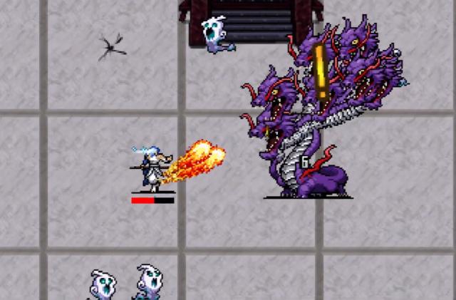 A pixellated character shoots fireballs at a multi-headed, dragon-like enemy in Vampire Survivors.