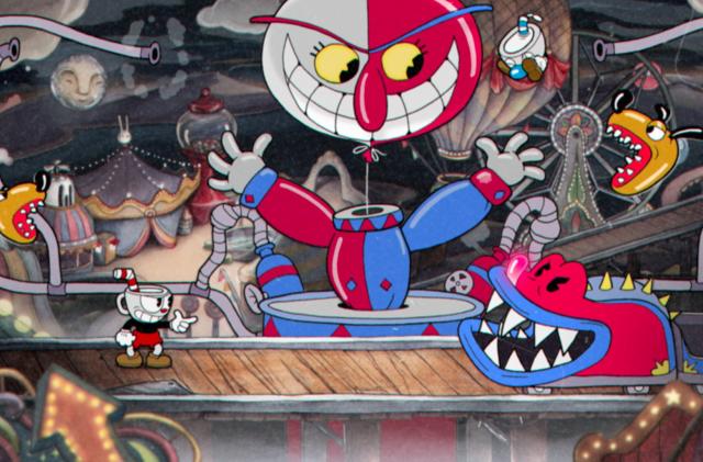 Gameplay still from Cuphead. The title character stands on the lower left (facing the right) with finger pointed like a gun. Crazy 1930s-style animated monsters and strange contraptions surround him.