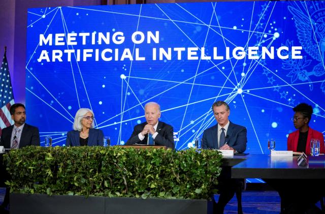 U.S. President Joe Biden, Governor of California Gavin Newsom and other officials attend a panel on Artificial Intelligence, in San Francisco, California, U.S., June 20, 2023.  REUTERS/Kevin Lamarque