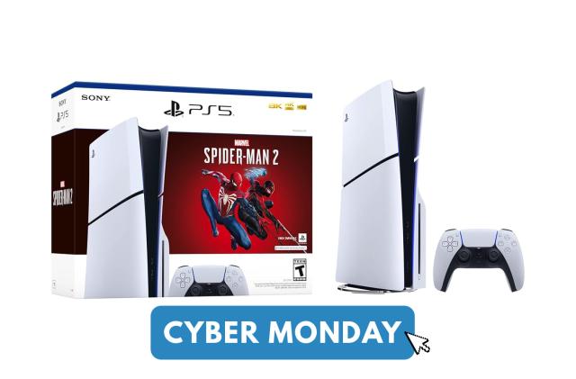 PlayStation 5 slim and Spider-Man 2 bundle. A text overlay reads "Cyber Monday."