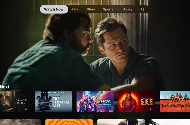 Screenshot from the Apple TV app for the Apple TV set-top box. A still from "Black Bird" is prominent with "Up Next" suggestions (including "The Terminal List," "Thor: Love and Thunder" and other recommendations) below.
