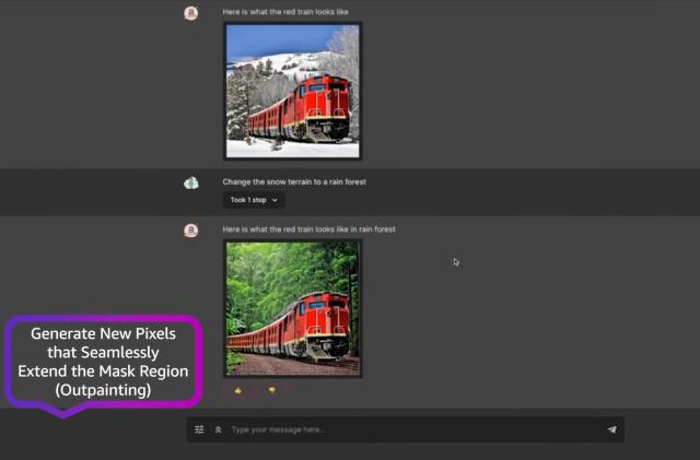 Amazon's Titan Image Generator, showing images of a red train against snowy mountains and a rainforest in separate images.  