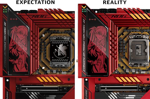 Close-ups of ASUS' ROG Maximus Z790 Hero EVA-02 Edition motherboard. The image on the right reveals the 'EVANGENLION' typo (i.e. with an extra 'n') that ended up on the production units.